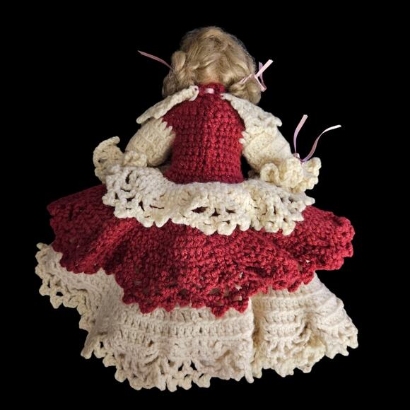 Wang’s International 1991 Porcelain Doll in Handmade Red & Cream Crochet Dress - Picture 6 of 8